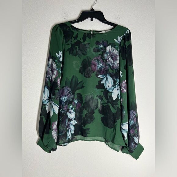 Zac and Rachel Bohemian Green Purple Blue Floral Sheer Top Size S Cuffed sleeve - Picture 1 of 14